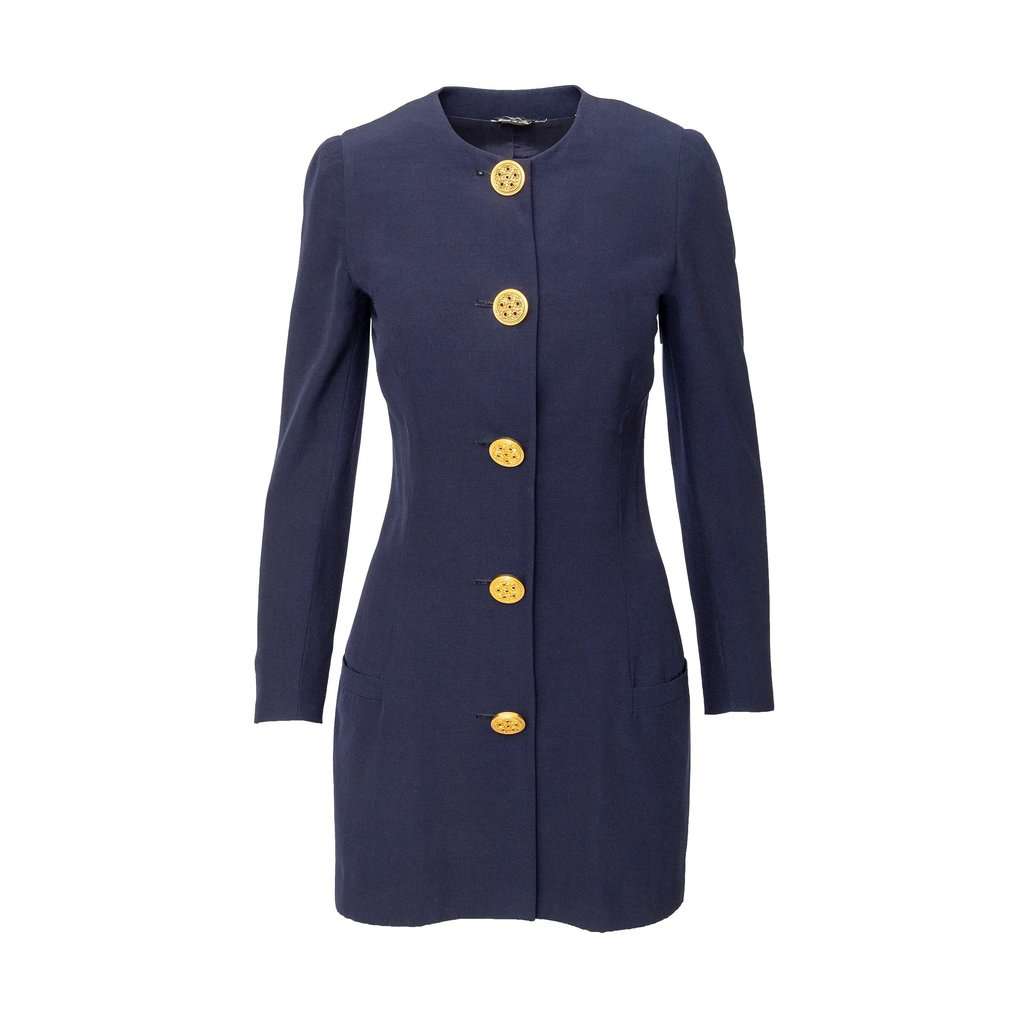 Versace Jacket with Decorative Buttons - '90s Navy Wool Good - Front View