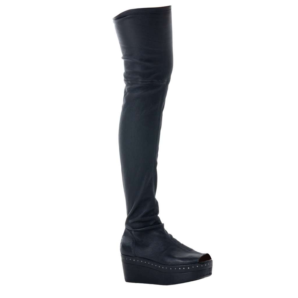 Rick Owens Thigh-High Leather Wedge Boots - '10s Black Leather Good - Back View