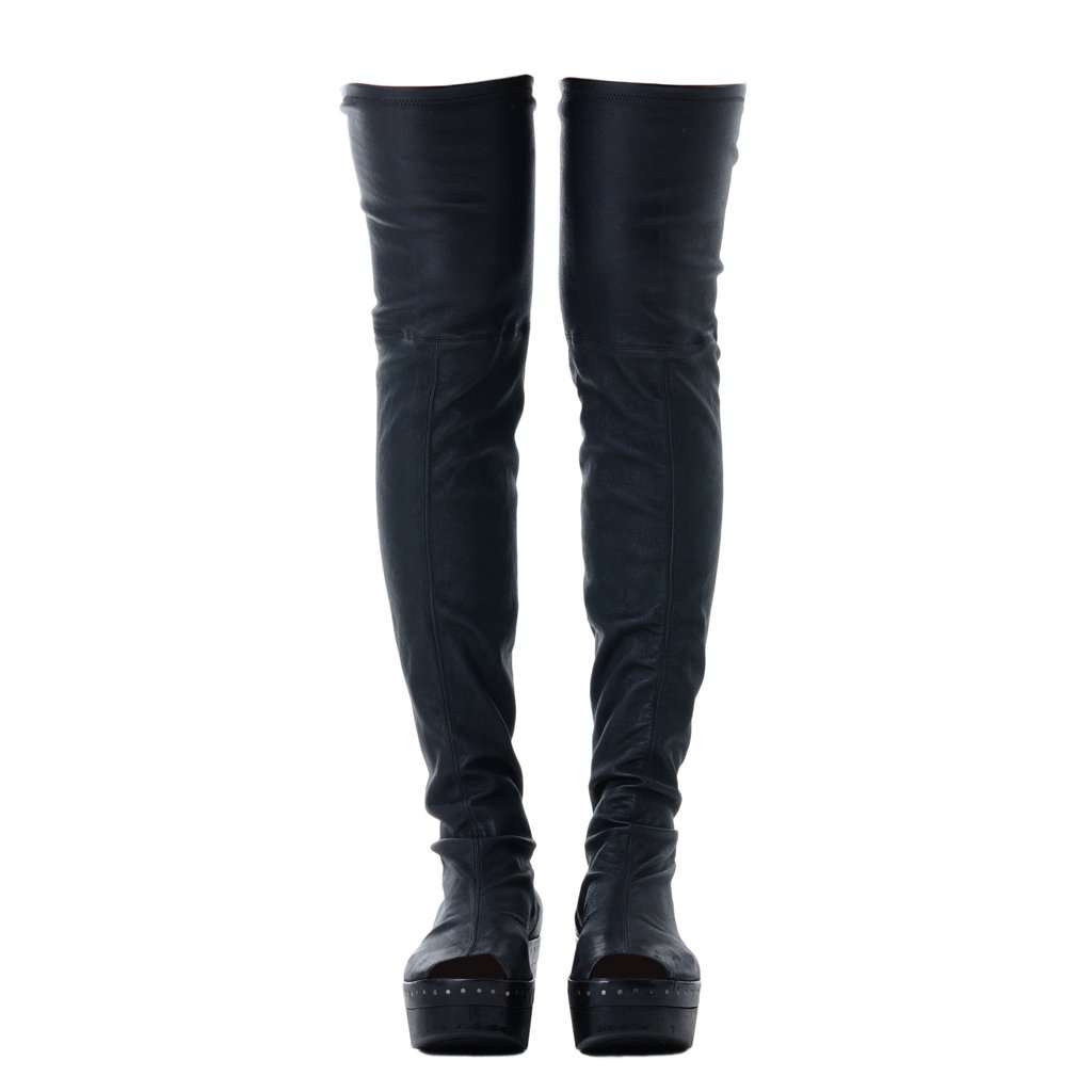 Rick Owens Thigh-High Leather Wedge Boots - '10s Black Leather Good - Inside View