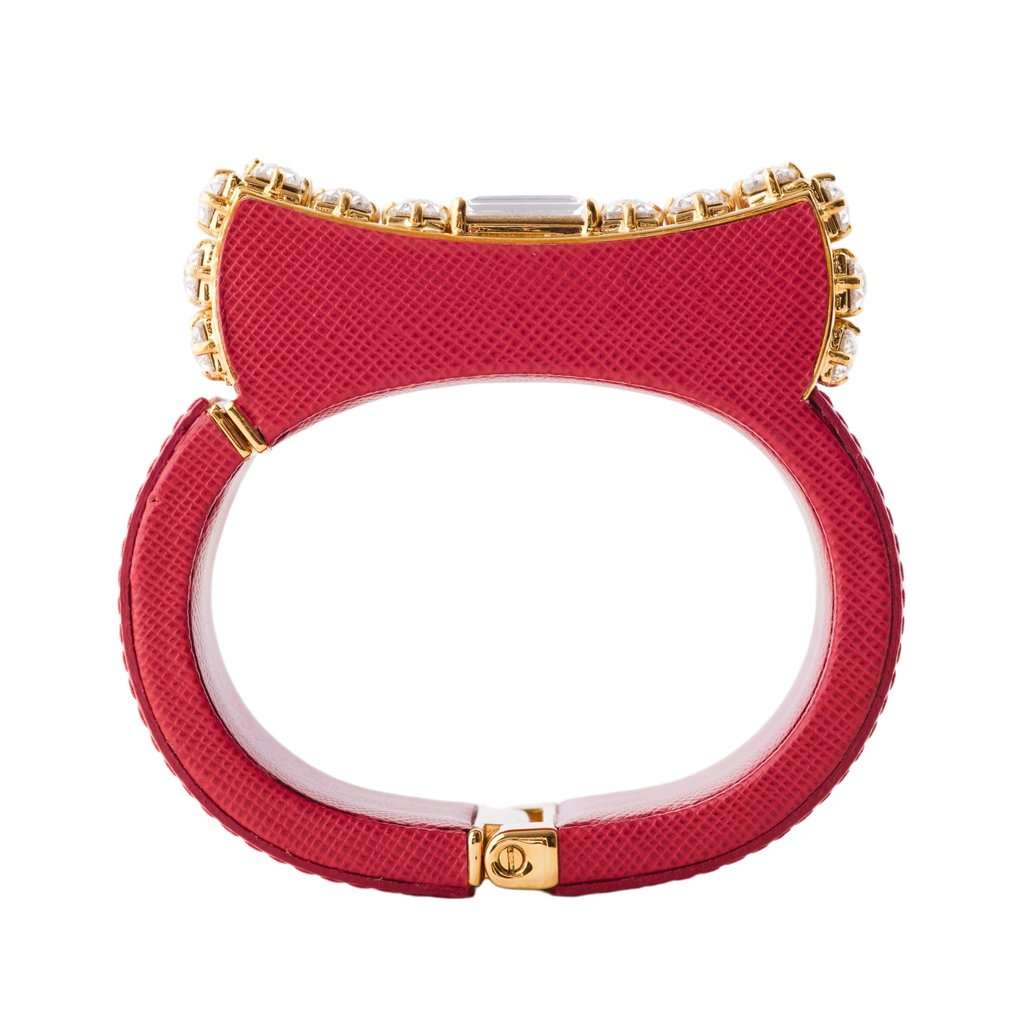 Prada Crystal Saffiano Leather Cuff Bracelet - '10s Red Leather Good - Box View