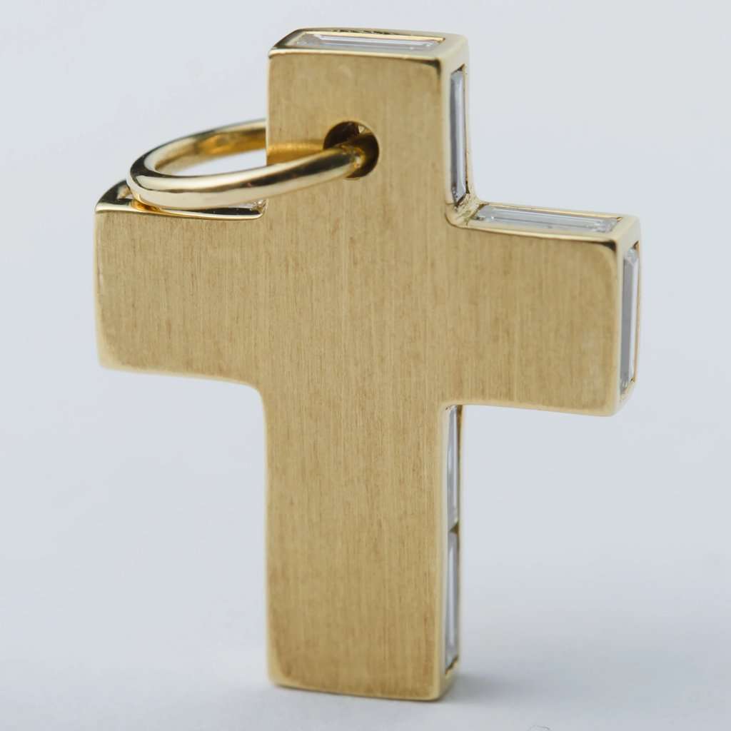 Unsigned Vintage Yellow Gold Cross Pendant with Baguette Diamonds - '90s Yellow Good - Back View