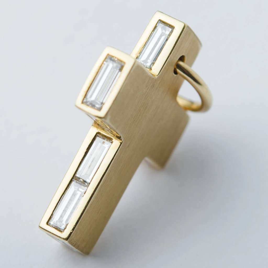 Unsigned Vintage Yellow Gold Cross Pendant with Baguette Diamonds - '90s Yellow Good - Model View