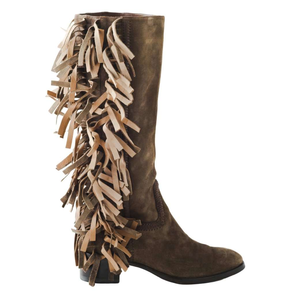 Unsigned Santoni Brown Suede Fringe Boots - '10s Brown Suede Good - Front View