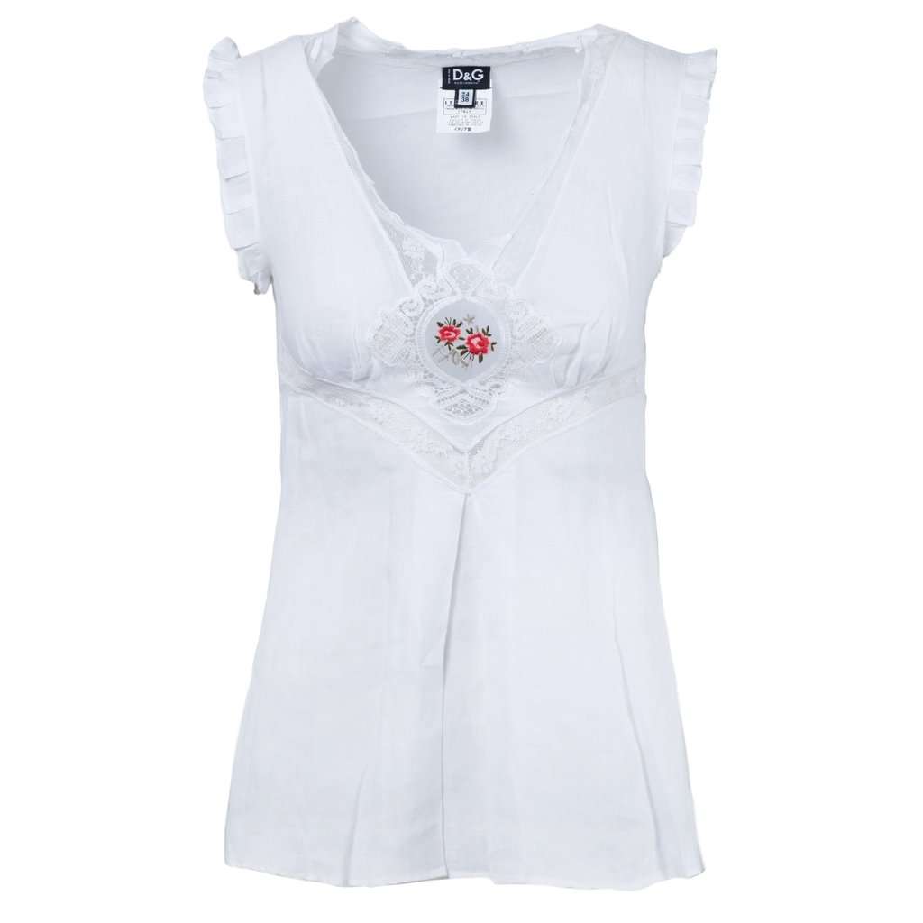 Dolce & Gabbana Floral Lace Top with Ruffled Cap Sleeves - '10s White Lace Good - Front View