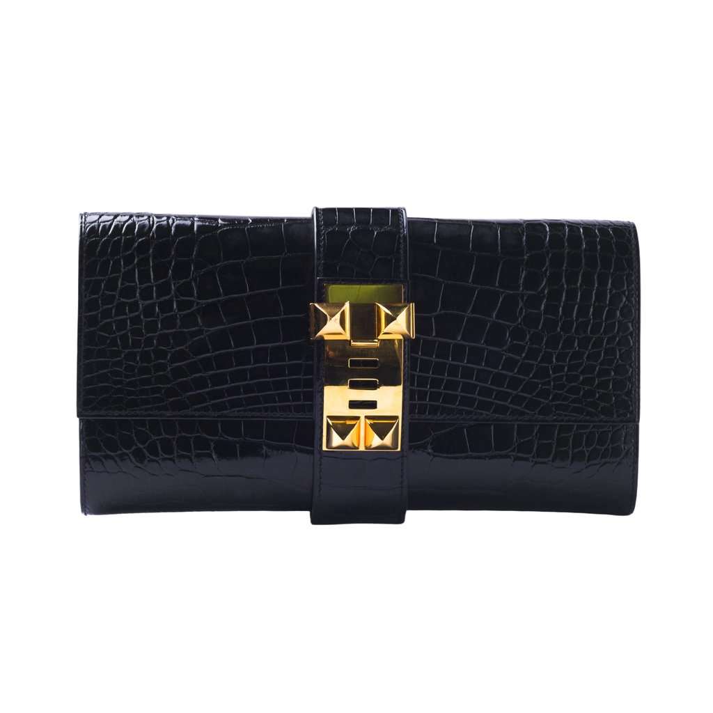 Hermès 2017 Shiny Mississippi Alligator Medor 23 Clutch - '10s Black Leather Good - Front View