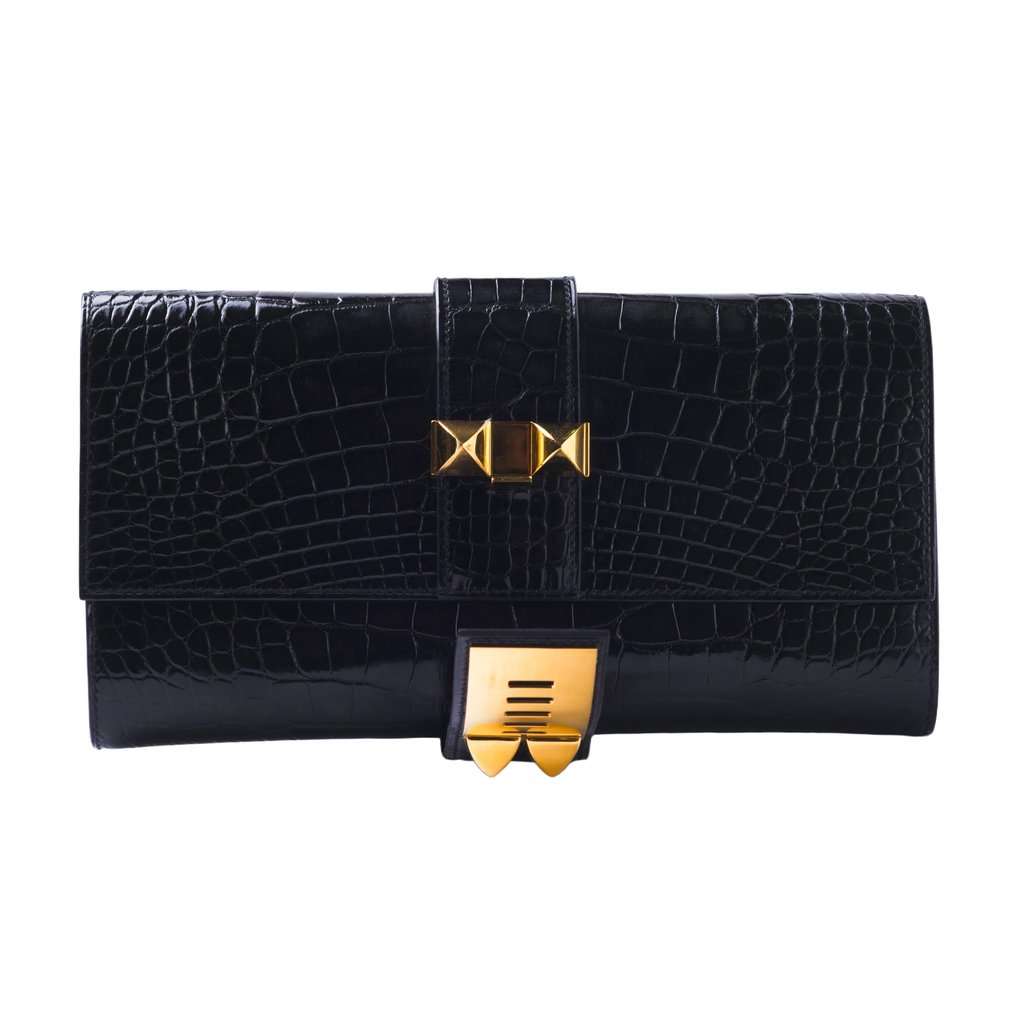 Hermès 2017 Shiny Mississippi Alligator Medor 23 Clutch - '10s Black Leather Good - Back View