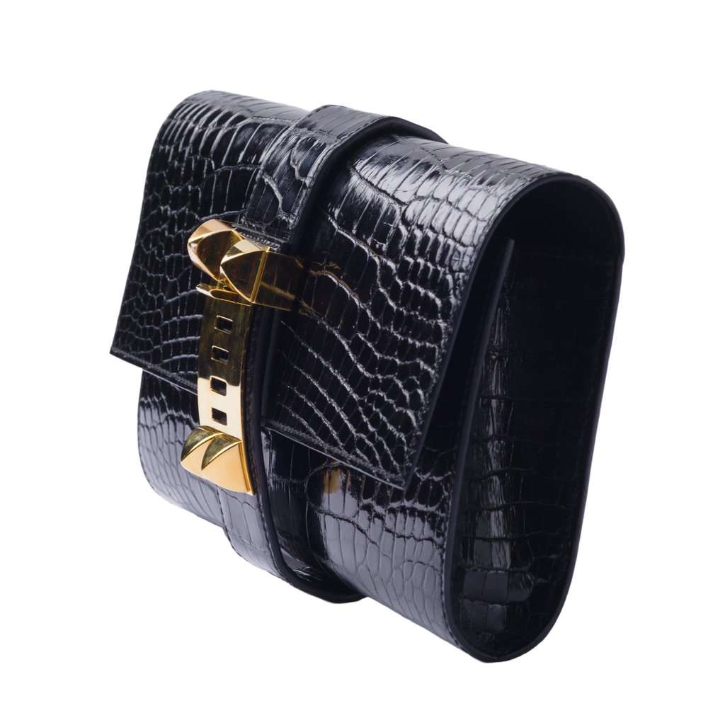 Hermès 2017 Shiny Mississippi Alligator Medor 23 Clutch - '10s Black Leather Good - Inside View
