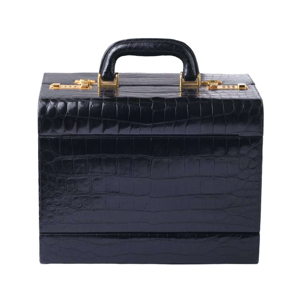 Unsigned Jardin des Sacs Crocodile Leather Beauty Case - '60s Black Leather Good - Front View
