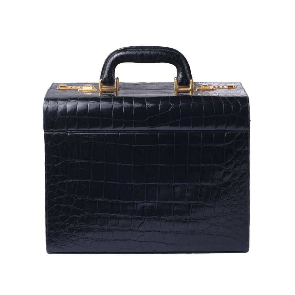 Unsigned Jardin des Sacs Crocodile Leather Beauty Case - '60s Black Leather Good - Inside View