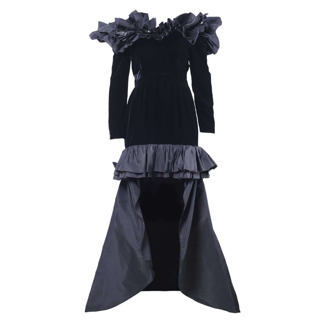 Yves Saint Laurent Black Velvet Dress with Ruffle Shoulders and High-Low Skirt - '80s Black Velvet Good - Front View