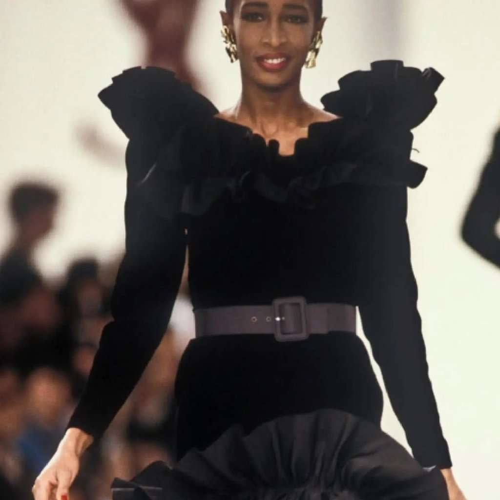Yves Saint Laurent Black Velvet Dress with Ruffle Shoulders and High-Low Skirt - '80s Black Velvet Good - Back View