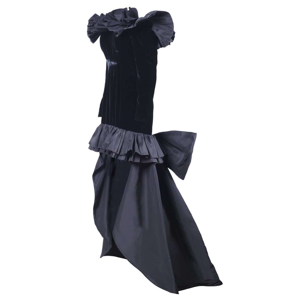 Yves Saint Laurent Black Velvet Dress with Ruffle Shoulders and High-Low Skirt - '80s Black Velvet Good - Inside View