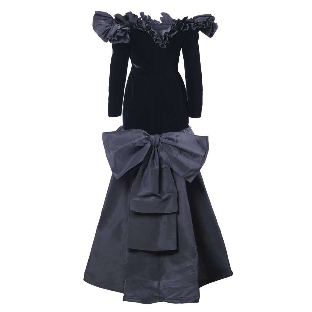 Yves Saint Laurent Black Velvet Dress with Ruffle Shoulders and High-Low Skirt - '80s Black Velvet Good - Model View