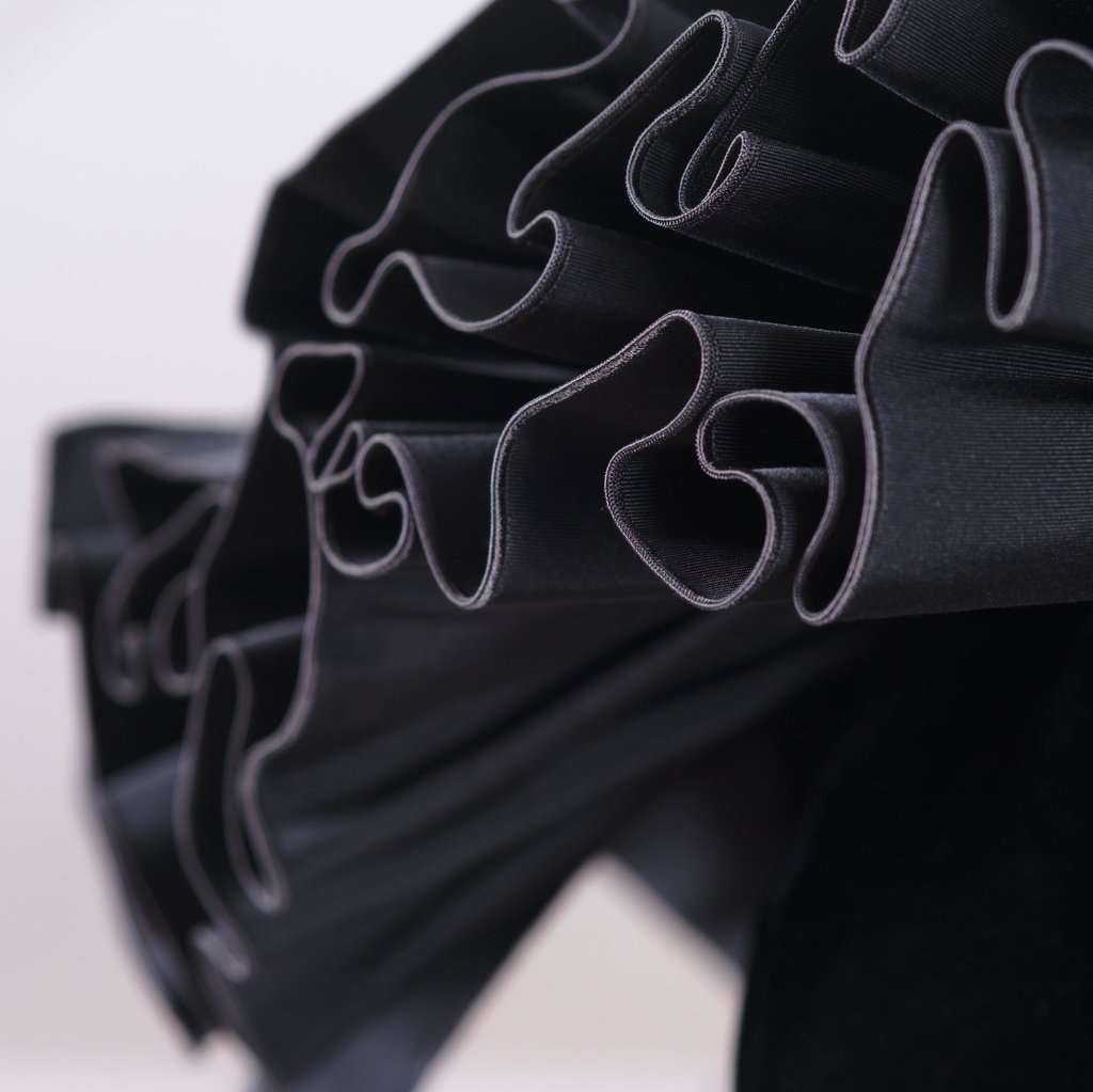 Yves Saint Laurent Black Velvet Dress with Ruffle Shoulders and High-Low Skirt - '80s Black Velvet Good - Box View
