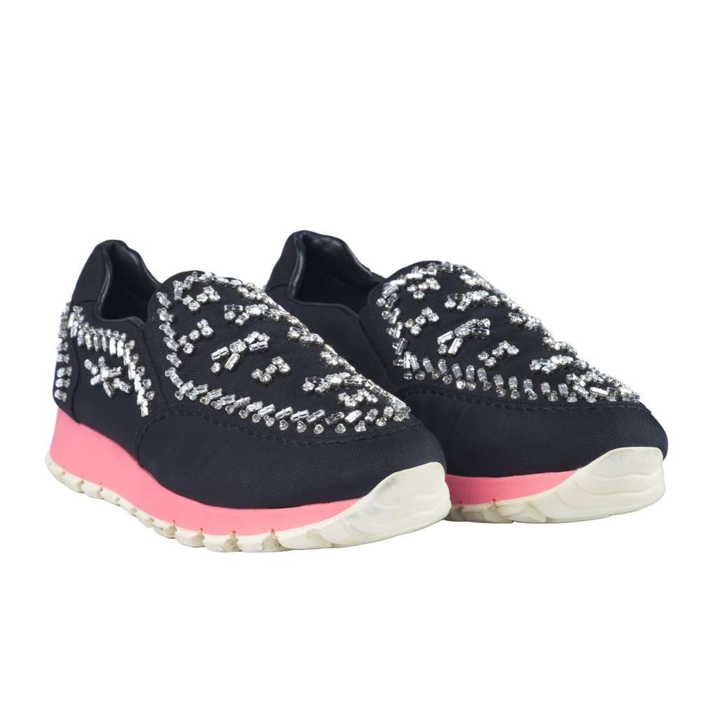Prada Black Canvas Crystal Embellished Slip on Sneakers - '20s Black Canvas Good - Back View