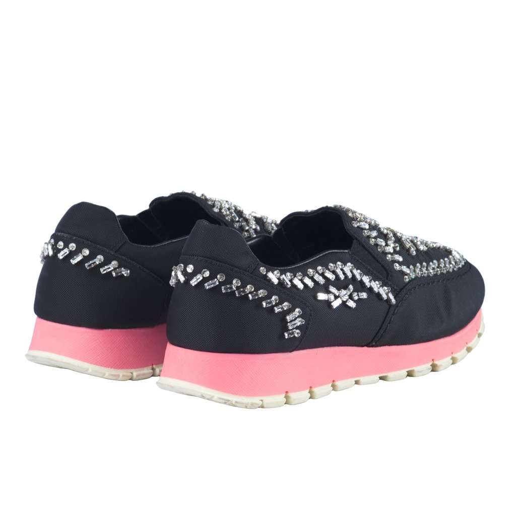 Prada Black Canvas Crystal Embellished Slip on Sneakers - '20s Black Canvas Good - Inside View