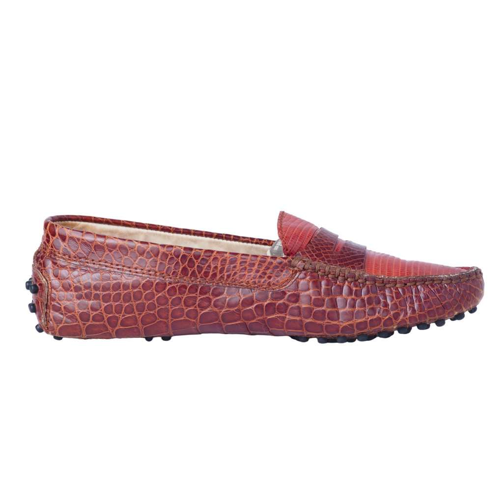 Tod's Cognac Exotic Leather Gommino Driving Loafers - '10s Red Leather Good - Front View