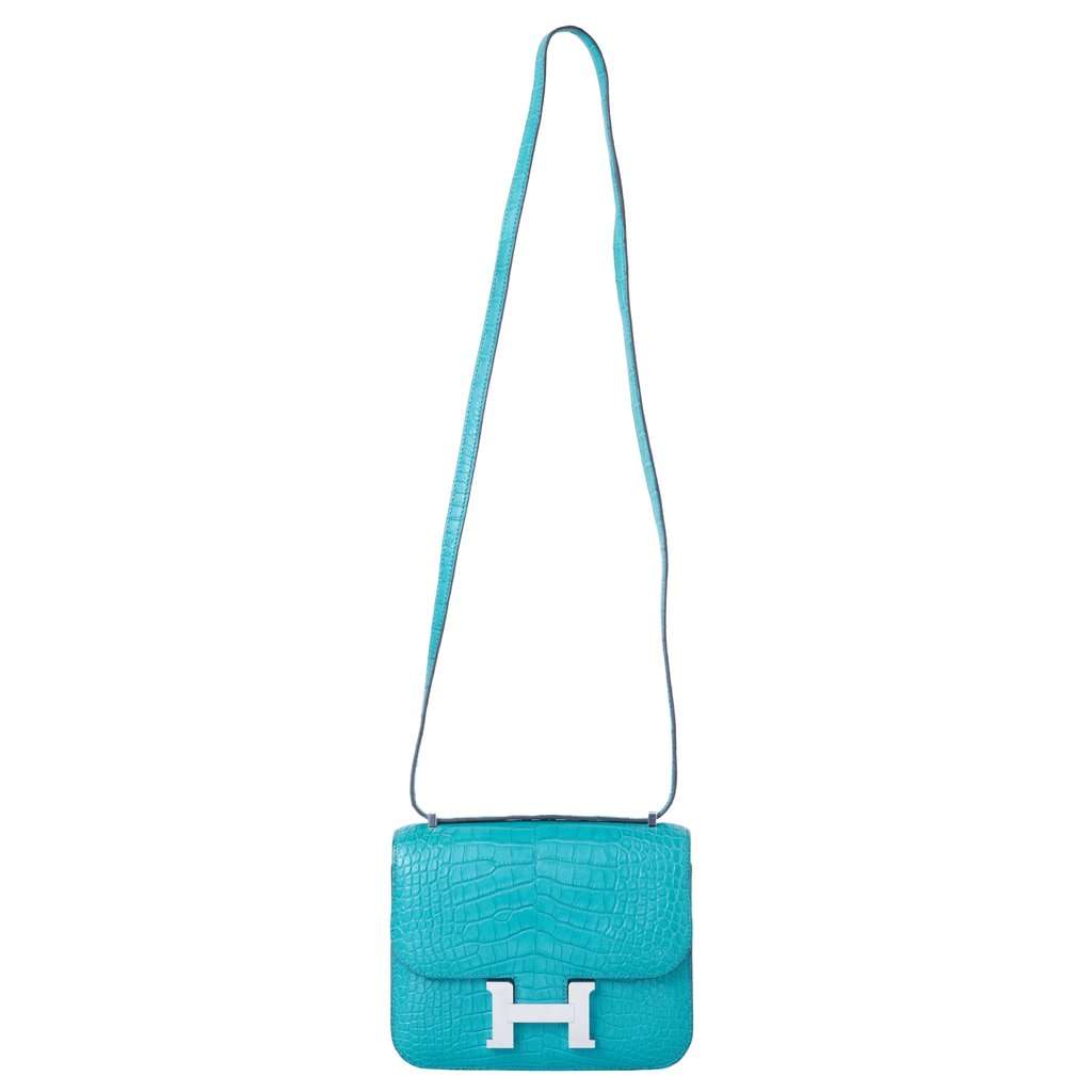 Hermès Constance 18 Turquoise (T9) Matte Alligator – Palladium Hardware - '00s MultiColor Leather Good - Back View
