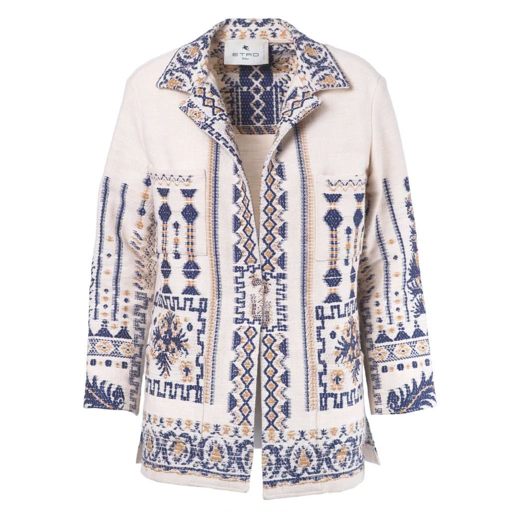 etro Beige & Navy Jacquard Ethnic Jacket - '20s Navy Canvas Good - Front View