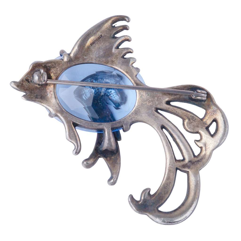 Unsigned Vintage Sterling Silver Blue Crystal Fish Brooch - '60s Blue Good - Back View