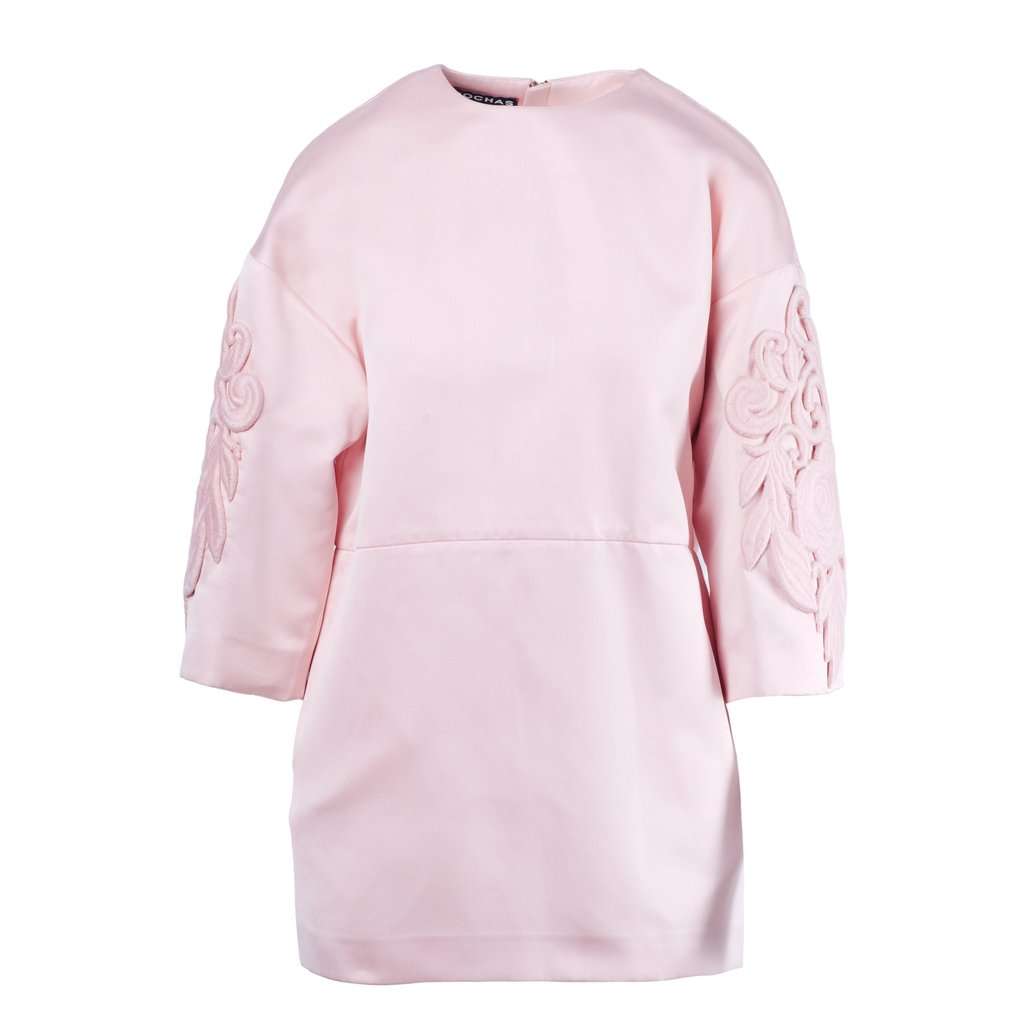 Rochas Pink Structured Mini Dress with Floral Embroidery - '10s Red Satin Good - Front View