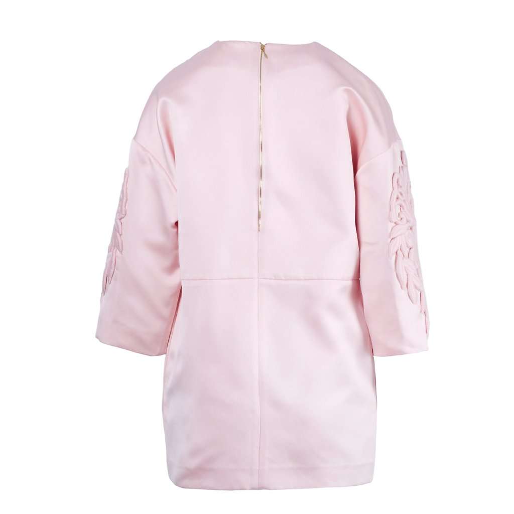 Rochas Pink Structured Mini Dress with Floral Embroidery - '10s Red Satin Good - Inside View