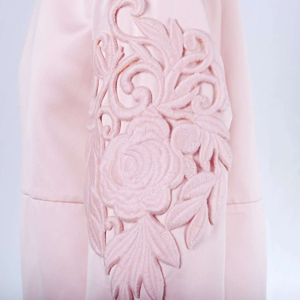 Rochas Pink Structured Mini Dress with Floral Embroidery - '10s Red Satin Good - Model View