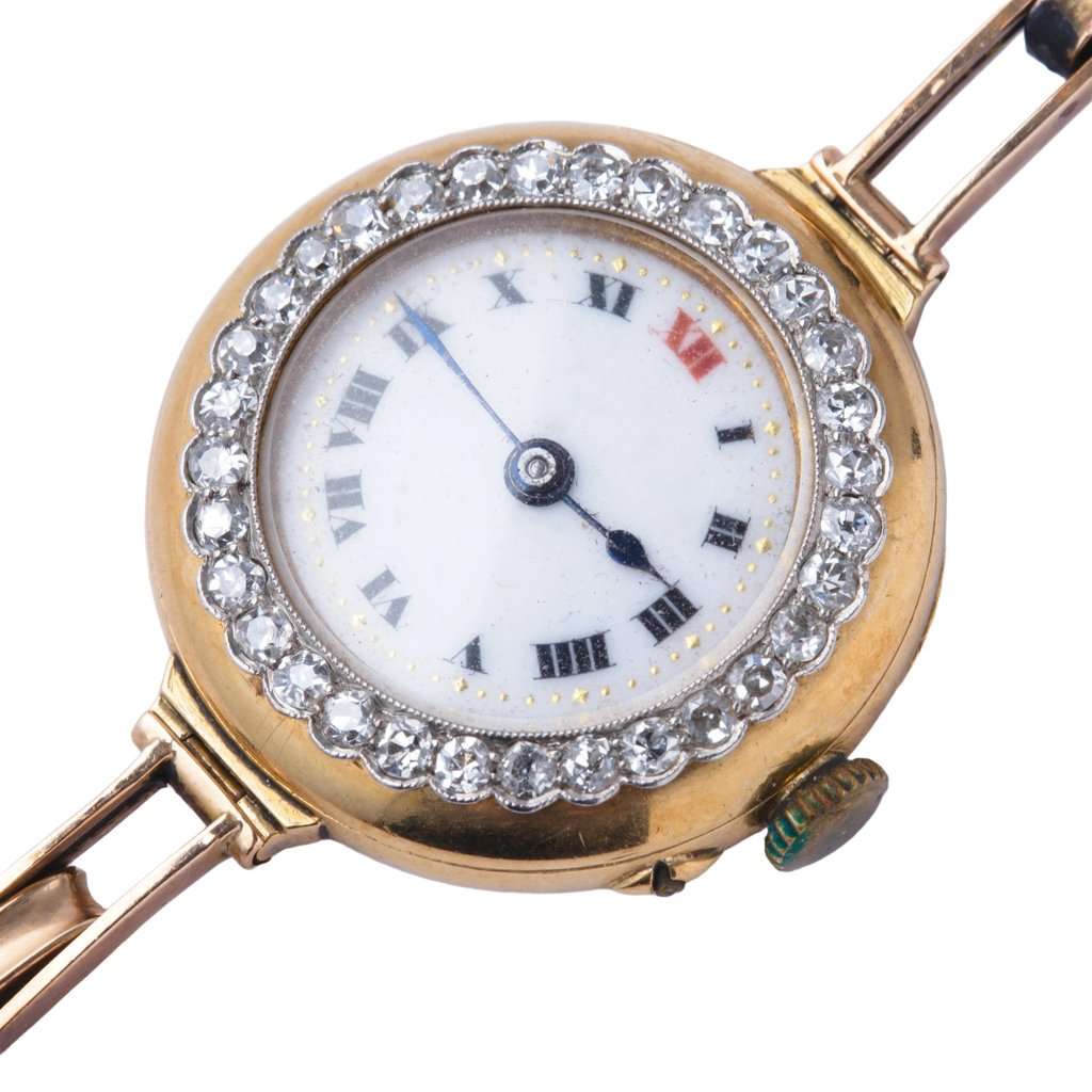 Unsigned Early 20th Century Diamond-Set Bracelet Watch 18K Gold, London Import Marks, circa 1912 Gold Good - Front View