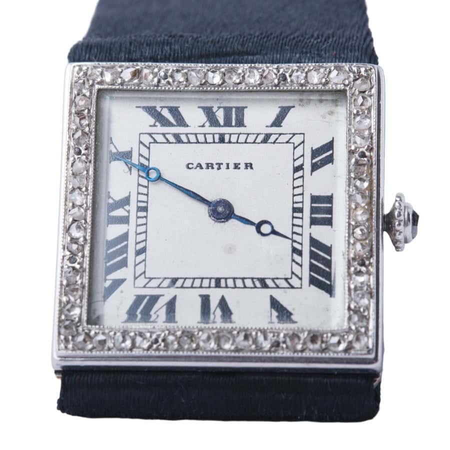 Cartier Art Déco Diamond & Onyx Wristwatch in Platinum and Gold, Circa 1925 Gold Leather Good - Front View