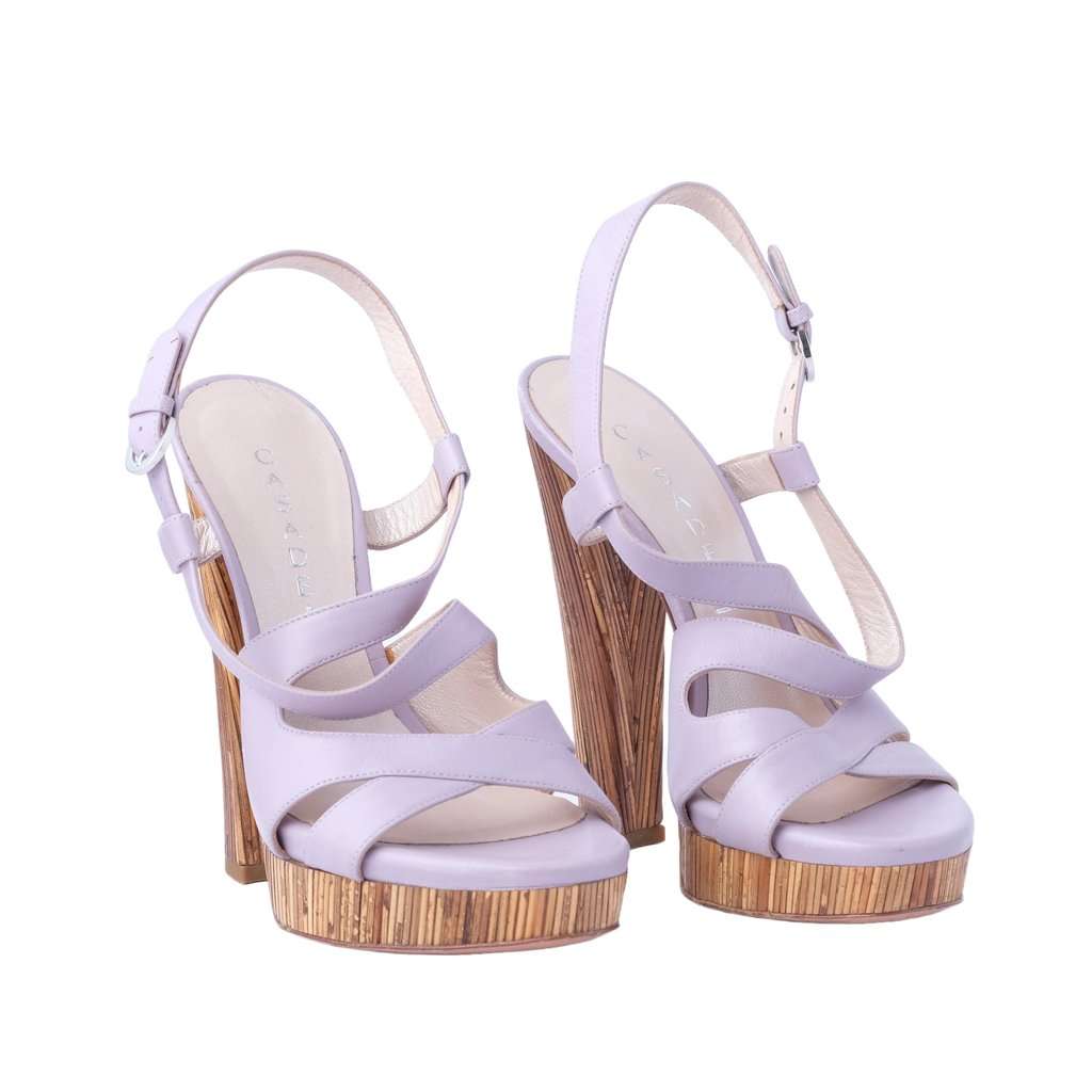 Unsigned Casadei Lavender Leather Platform Sandals with Sculpted Wooden Heel - '10s MultiColor Leather Good - Inside View