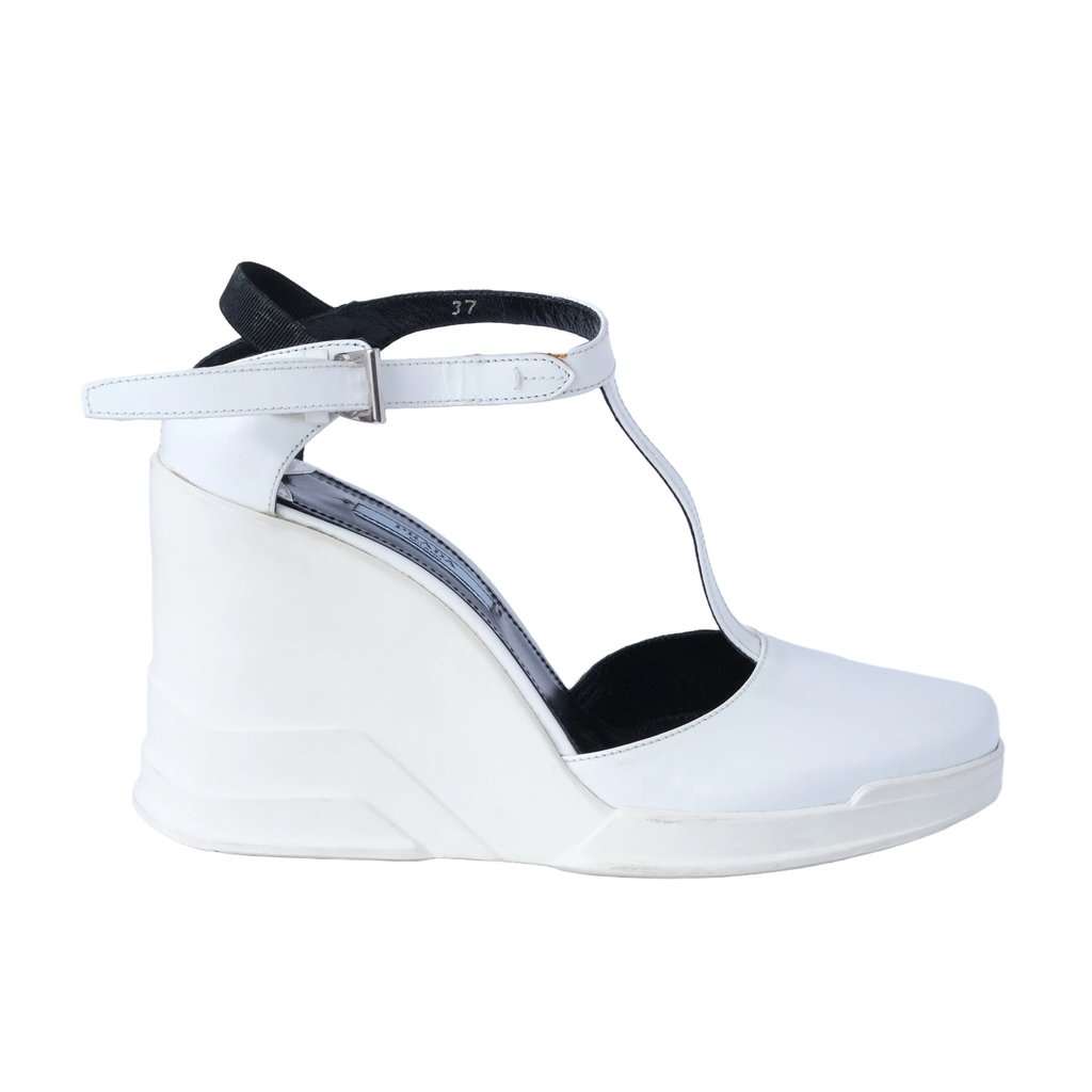 Prada White Leather T-Strap Platform Wedge Sandals - '10s White Leather Good - Front View