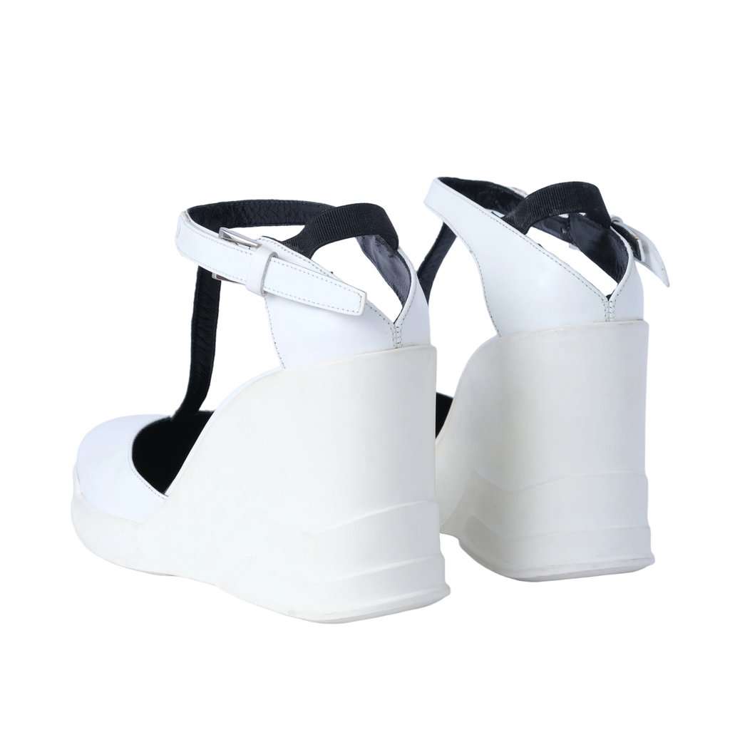 Prada White Leather T-Strap Platform Wedge Sandals - '10s White Leather Good - Model View