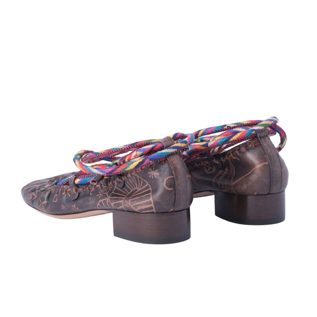 Valentino Garavani Printed Leather Wrap Ballet Flats in Brown - '10s Brown Leather Good - Back View