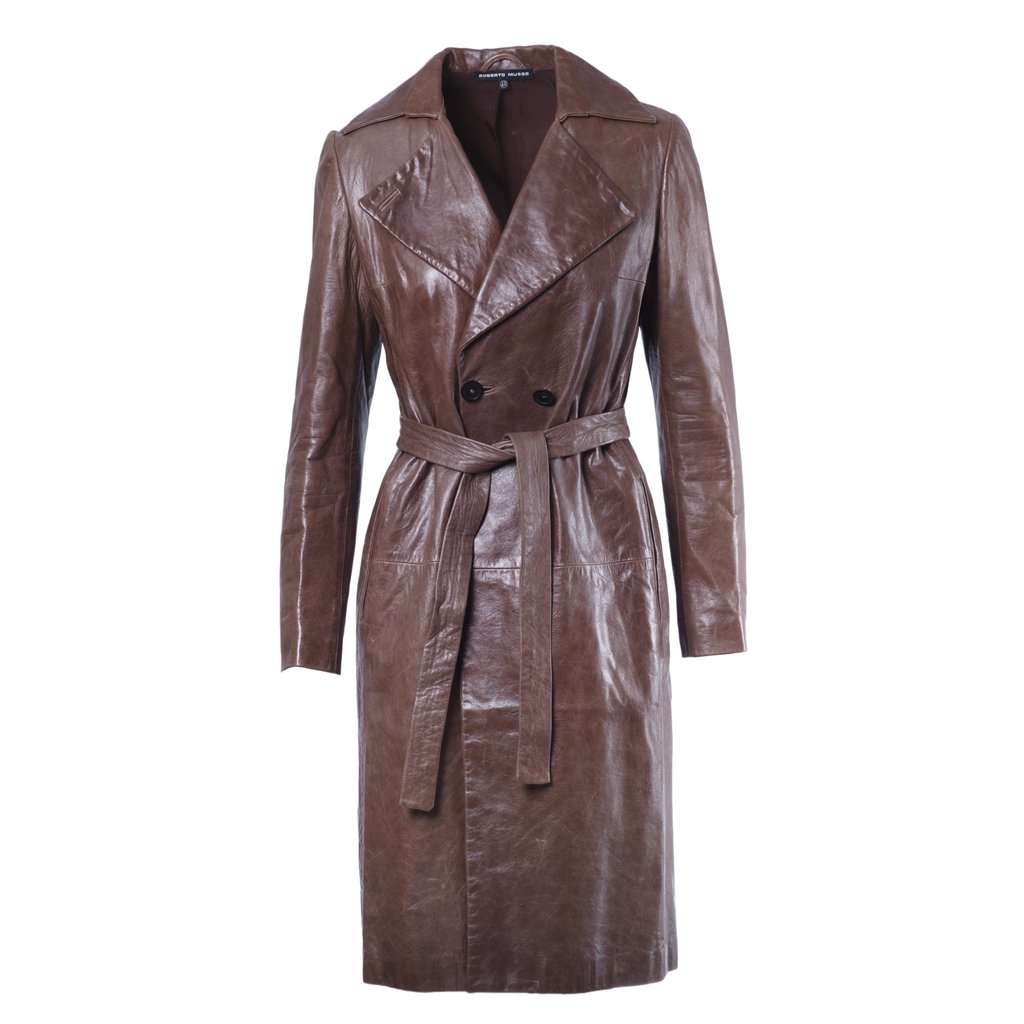 Unsigned Brown Sheepskin Leather Trench Coat - '00s Brown Leather Good - Front View