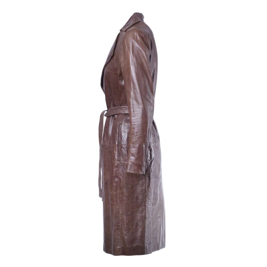Unsigned Brown Sheepskin Leather Trench Coat - '00s Brown Leather Good - Back View