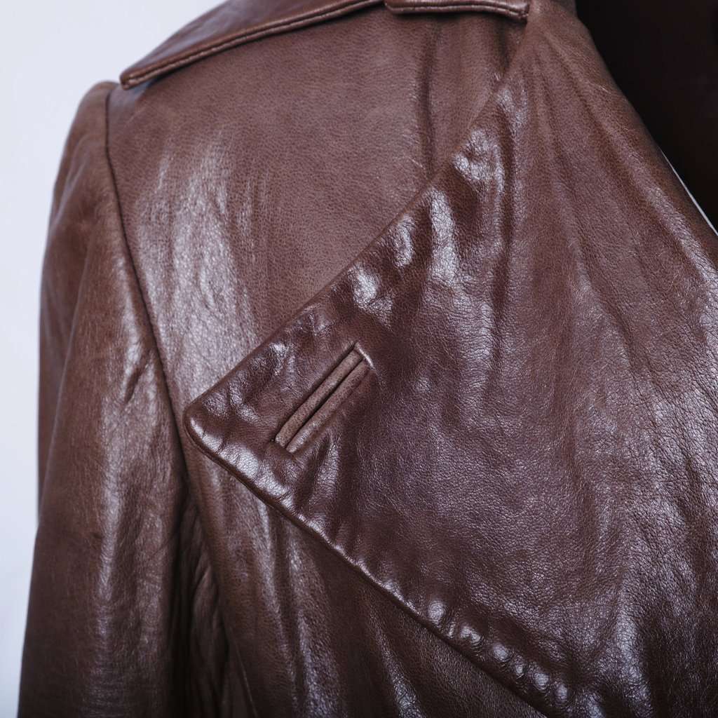 Unsigned Brown Sheepskin Leather Trench Coat - '00s Brown Leather Good - Model View