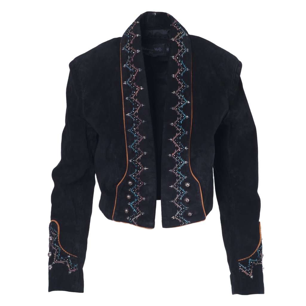 Unsigned Patricia Wolf Embellished Suede Western Jacket in Black - '90s Black Suede Good - Front View