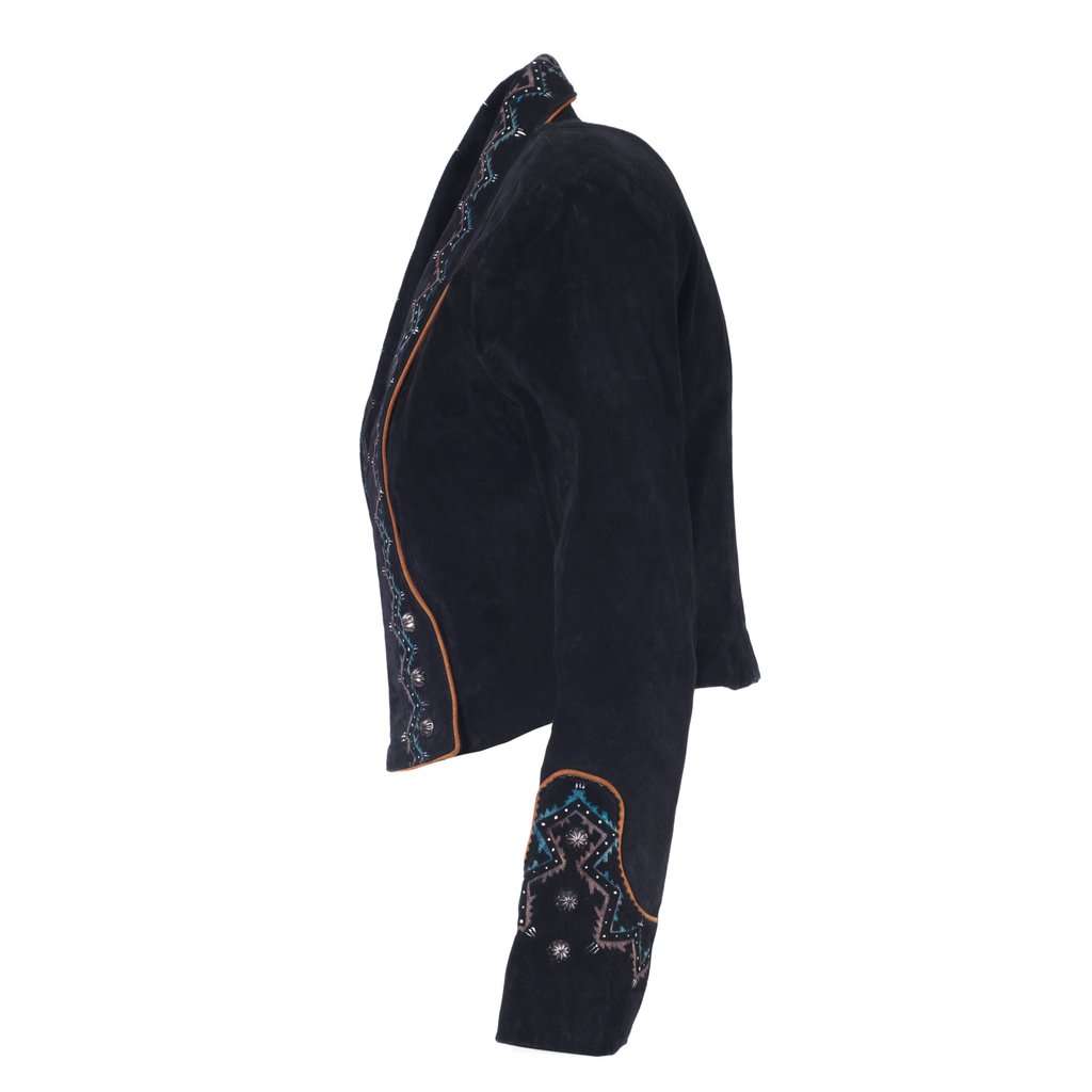 Unsigned Patricia Wolf Embellished Suede Western Jacket in Black - '90s Black Suede Good - Back View