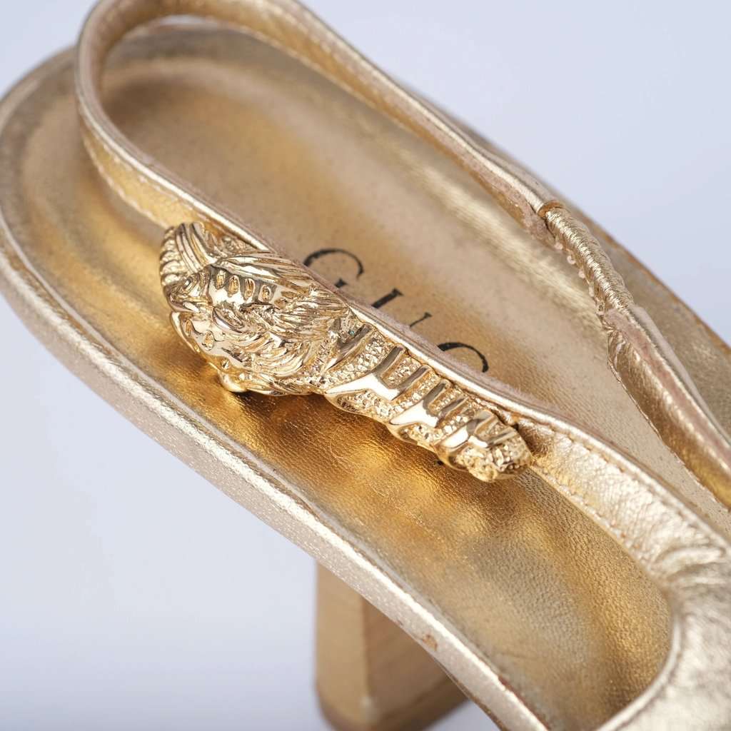 Gucci by Tom Ford Gold Leather Tiger Head Sandals - '00s Gold Leather Good - Box View