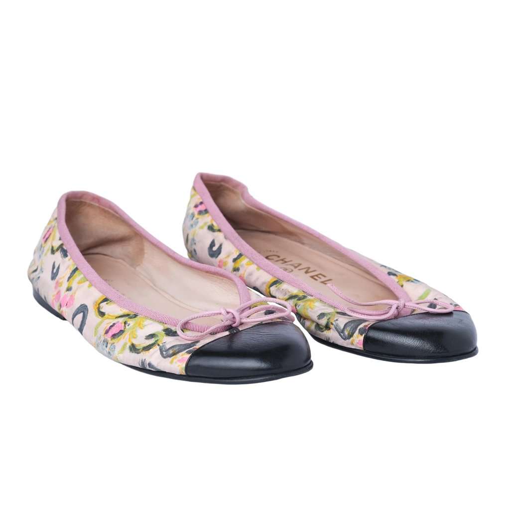 Chanel Multicolor Canvas and Patent Leather Cap-Toe Ballet Flats - '00s Black Canvas Good - Back View