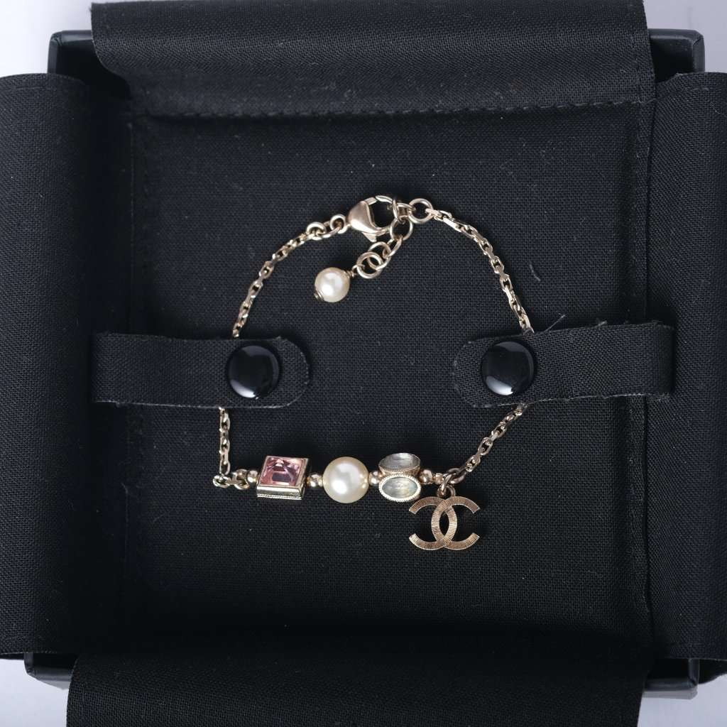 Chanel Multicolor Pearl Bracelet with CC Charm Logo- '10s Gold Good - Back View