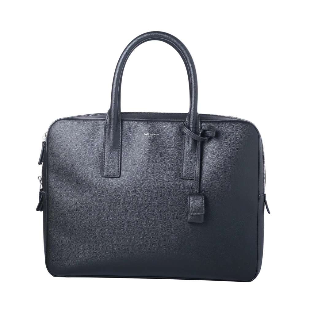 Saint Laurent Museum Black Grained Calfskin Leather Briefcase - '20s Black Leather Good - Front View