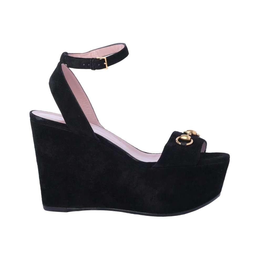 Gucci Black Suede Horsebit Platform Ankle Strap Wedges - '10s Black Suede Good - Front View