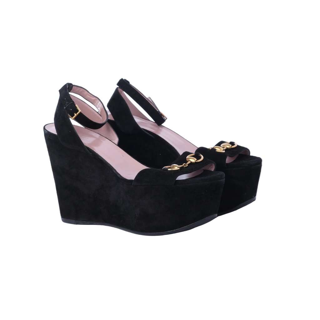 Gucci Black Suede Horsebit Platform Ankle Strap Wedges - '10s Black Suede Good - Back View