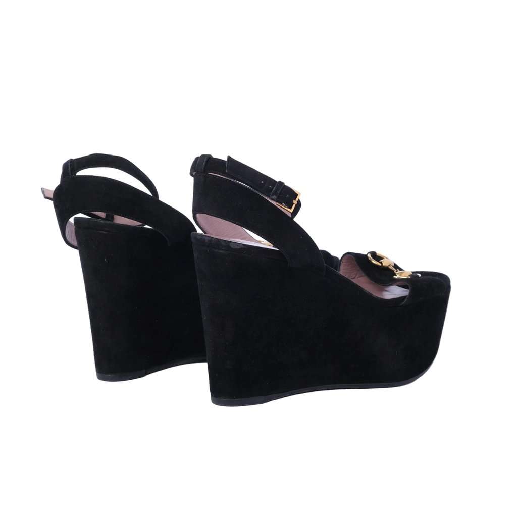 Gucci Black Suede Horsebit Platform Ankle Strap Wedges - '10s Black Suede Good - Inside View