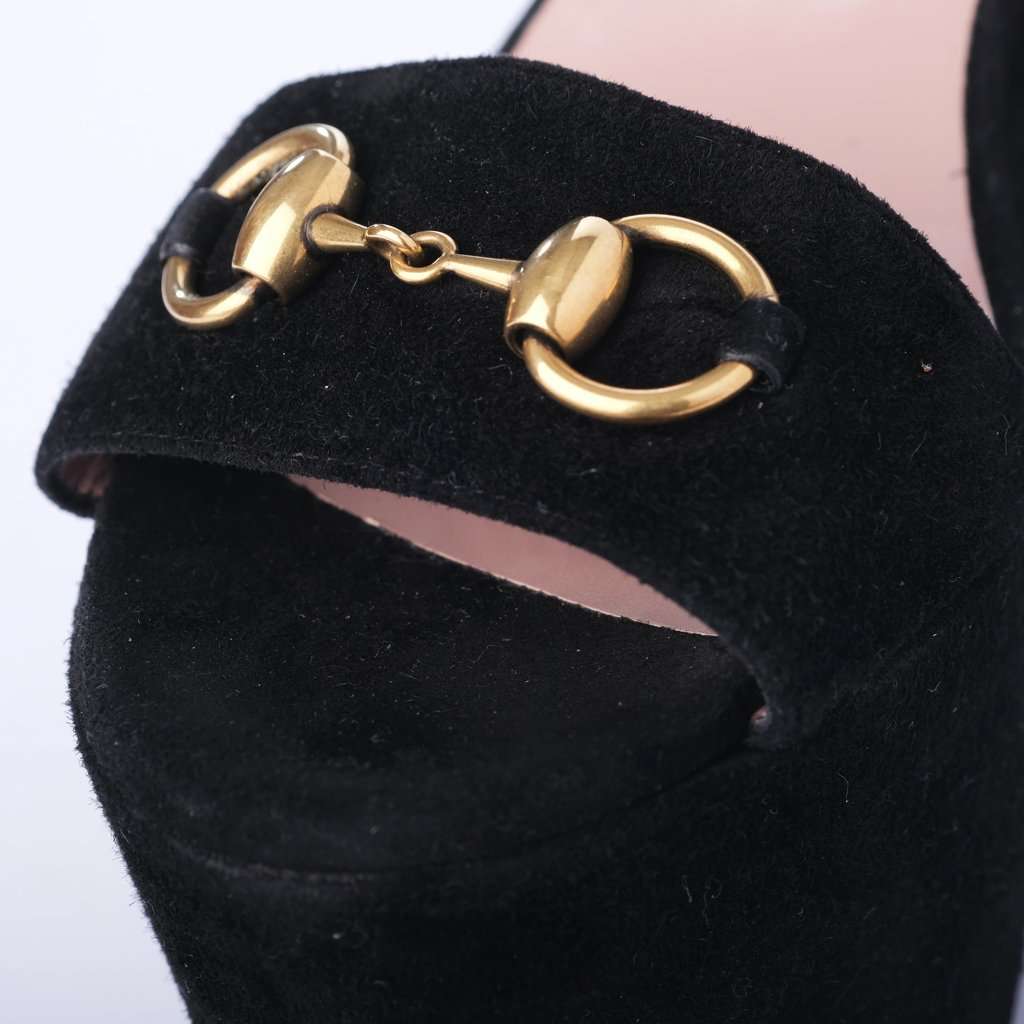 Gucci Black Suede Horsebit Platform Ankle Strap Wedges - '10s Black Suede Good - Model View
