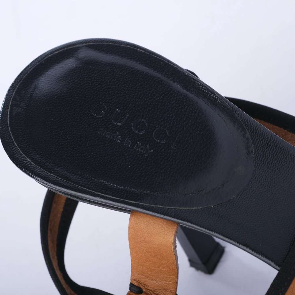 Gucci Leather Colorblock Pattern T-Strap Sandals- '10s Black Leather Good - Box View