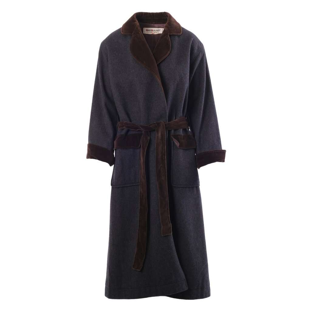 Yves Saint Laurent Rive Gauche Paris Velvet Trim Wool Coat – '70s Brown Velvet Good - Front View