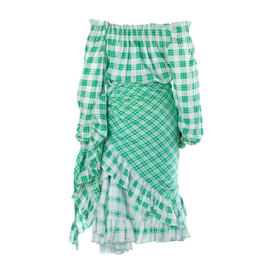 Yves Saint Laurent Green Plaid Peasant Blouse Wrap Skirt Set - '70s Green Good - Model View