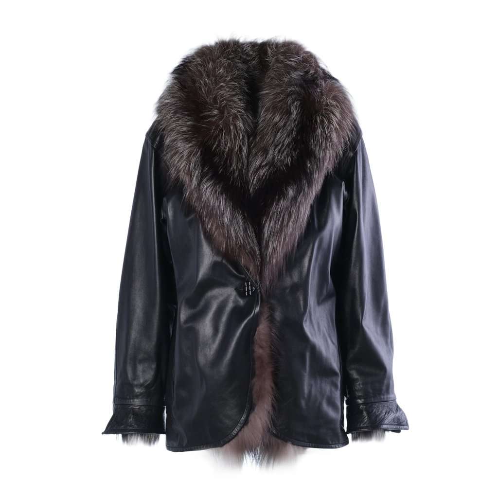 Yves Saint Laurent Black Leather Coat with Silver Fox Fur Trim -'90s Black Leather Good - Front View